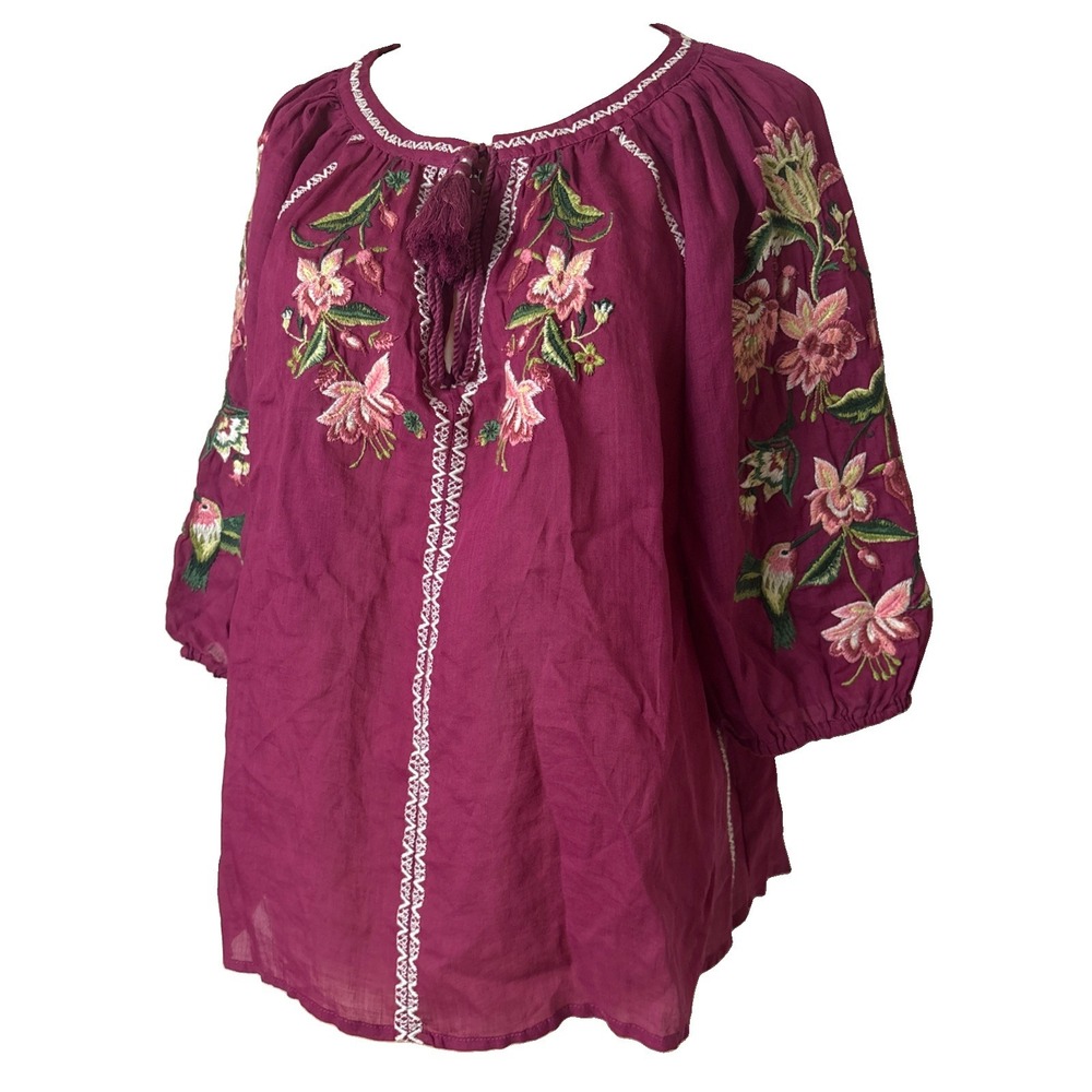 Sundance Womens PL Purple Embroidered Floral Peasant Blouse V-Neck Tie Tassel